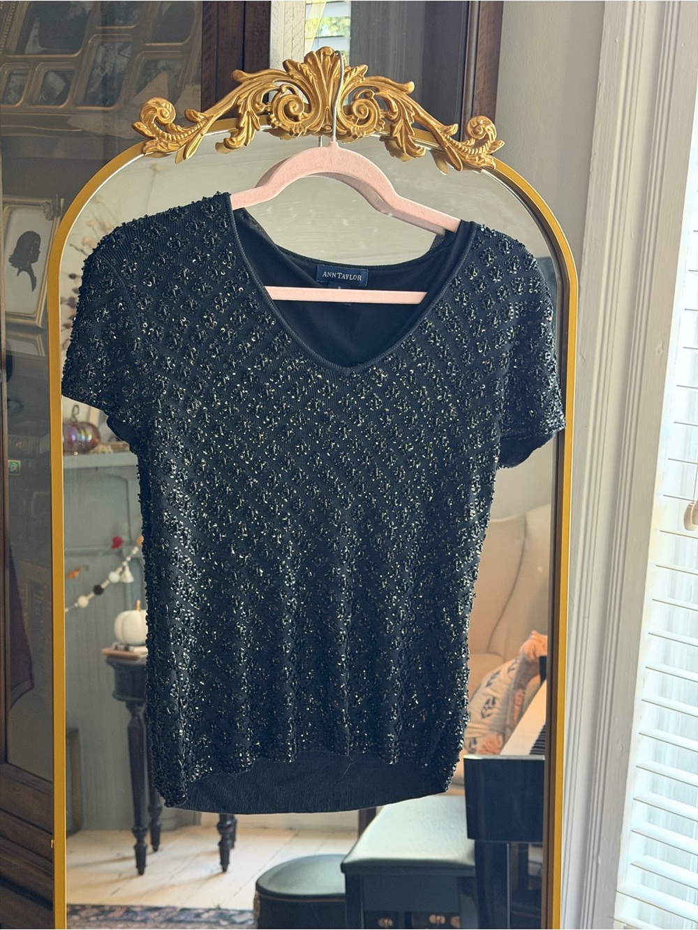 Ann Taylor Black 100% Silk Fully Beaded Lined Scoop neck Top
